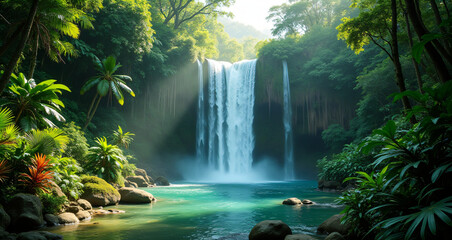 Lush Tropical Waterfall in a Scenic Rainforest Oasis