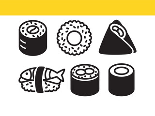 A diverse set of Japanese food icons featuring different types of sushi, including maki, nigiri, and temaki, presented in a clean, minimalist graphic style.
