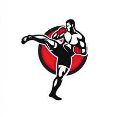 Fototapeta premium Kickboxing Sport Logo Spinning back kick wrapped fists ring corner intensity combat energy isolated on white background