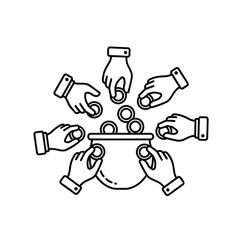 Hands Collecting Coins Around a Pot in Line Art Style  