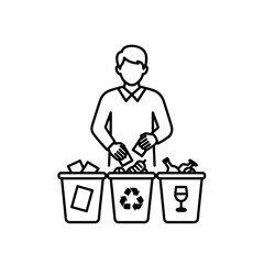 Person sorting recyclable waste into bins in a minimalistic style  