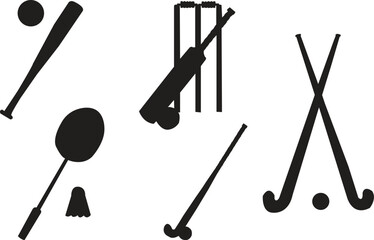 Set of sports equipment silhouettes isolated on white background