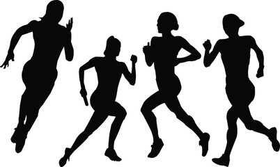 Running silhouettes of  women isolated on white background