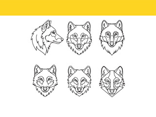A versatile set of six wolf head icons, ranging from realistic line art to modern geometric and polygonal designs for branding.