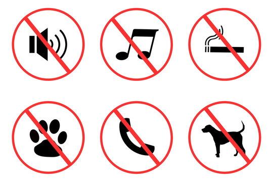 Set of prohibition sign, set of prohibited icons, no sound, no animls, no phone, no music, so song, no cigarettes, no smoking, bg, forbidden, 