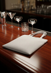 A blank white tote bag rests on a polished wooden bar counter with various cocktail glasses in the blurred background, ready for branding or promotional use.