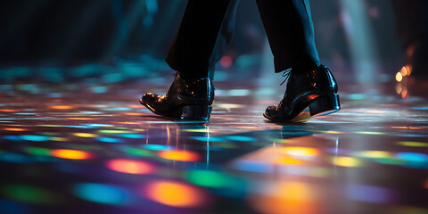 Tap Dancer's Feet Clicking Heels on Polished Stage with Colorful Spotlights