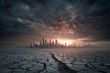 A cracked, dry wasteland with the ruins of a destroyed city in the background, Cinematic Climate Crisis Visual, Conceptual Environmental