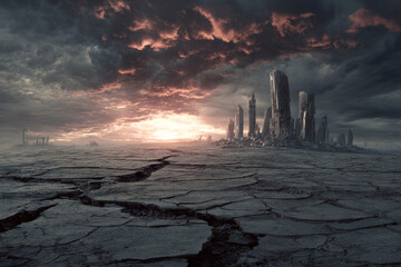 A cracked, dry wasteland with the ruins of a destroyed city in the background, Cinematic Climate Crisis Visual, Conceptual Environmental