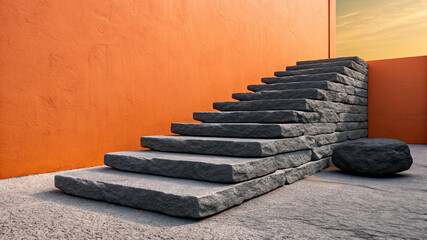 A journey towards success climbing stone steps against a vibrant orange backdrop Each step is a...