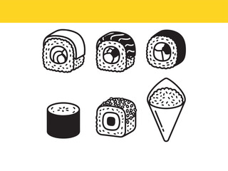 A set of various Japanese sushi rolls and temaki hand roll in a simple black and white line art illustration style.