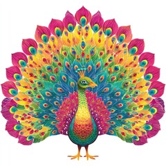 Colorful peacock displaying tail feathers elaborate pattern displayed cultural event organizer motif exotic charm conveyed animal logo isolated on white background