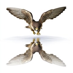 Swift falcon diving towards prey sharp focus point hunting equipment manufacturer label precision reflected animal logo isolated on white background