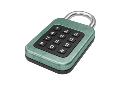 Photo of a green combination padlock with a metal shackle is isolated on transparent background