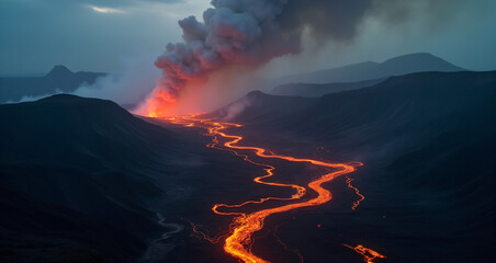 Molten Lava Flowing Through Rugged Volcanic Terrain at Twilight