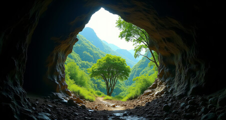 View From a Cave Opening of a Lush Green Forest Landscape
