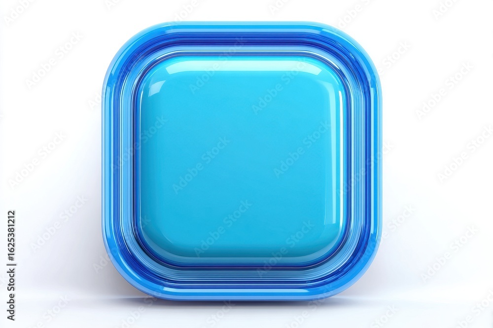 Poster blue square button graphic with rounded corners, isolated on white background, shiny 3d render eleme