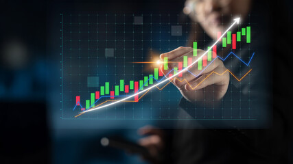 A businessman examines financial data displayed on an interactive screen, highlighting an upward trend in a candlestick chart, showcasing growth in investment. Impute