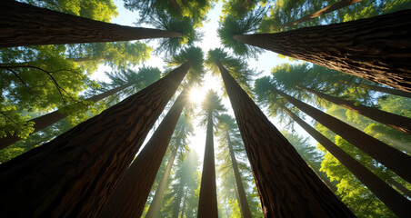 Majestic Redwood Forest Illuminated by Sunbeams on a Clear Morning