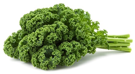 A vibrant bunch of curly kale displaying its rich green leaves and fresh stems on a white backdrop ai generative