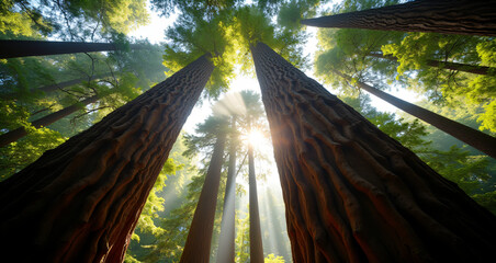 Majestic Redwood Forest Illuminated by Sunbeams on a Clear Morning