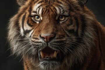 Fototapeta premium Detailed close up of a Sumatran Tiger with an open mouth showing its large teeth, in the daytime with a dark background