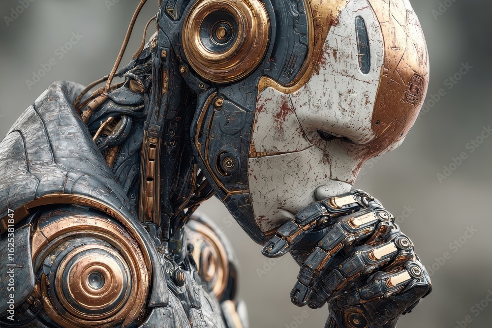 Poster robot in deep thought with hand on chin looks off into the distance, advanced artificial intelligenc