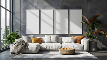 Modern Living Room Interior White Sofa Blank Frames Sunlight