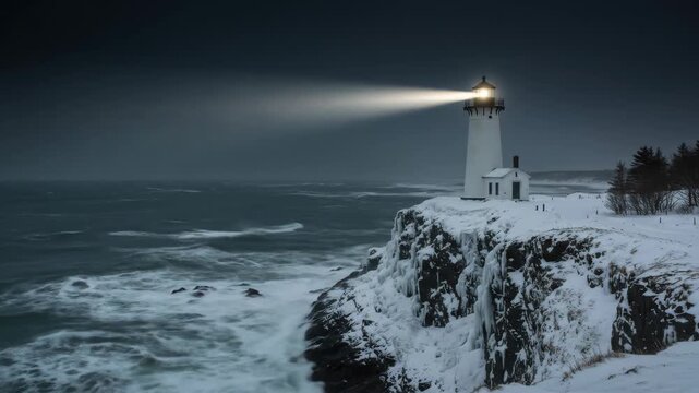Lighthouse with Stormy Seas in Winter - A solitary lighthouse stands tall on a snow-covered cliff, its beam cutting through a raging winter storm.