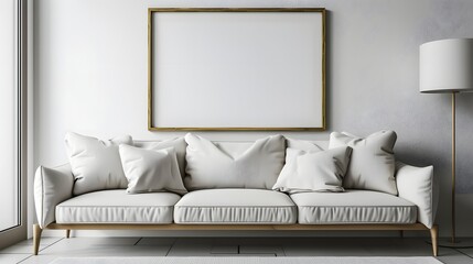 Modern Minimalist Living Room White Sofa Blank Frame Mockup