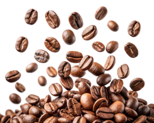 Roasted coffee beans falling and piling up isolated on transparent background