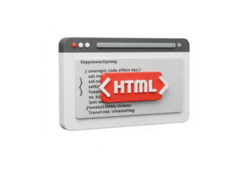 Photo of a 3d render of a browser window displaying html code isolated on transparent background