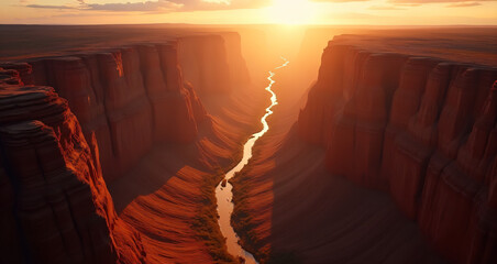 Sunlit Canyon Landscape With Meandering River in Warm Golden Light
