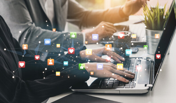 Social media interaction digital icons floating show concept of social media marketing. Online engagement, influencer marketing, and modern connection technology. Spline - Powered by Adobe