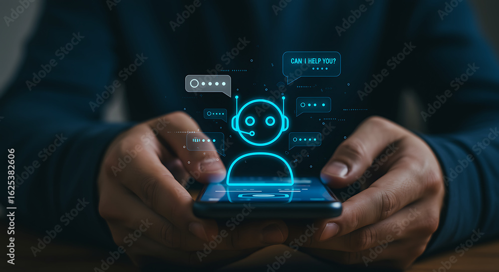 Poster artificial intelligence chatbot on mobile engaging customer service and innovative tech solutions