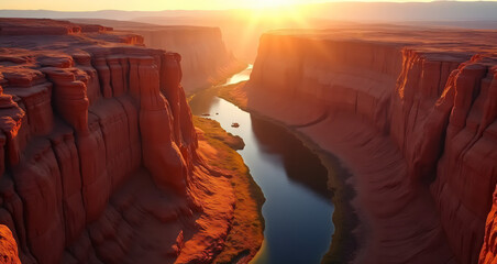 Sunlit Canyon Landscape With Meandering River in Warm Golden Light