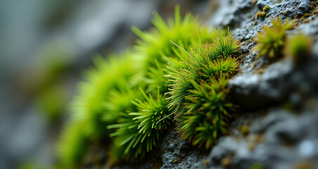 Macro Shot of Bright Green Moss and a Water Droplet on Rocky Surface