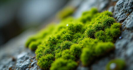Macro Shot of Bright Green Moss and a Water Droplet on Rocky Surface