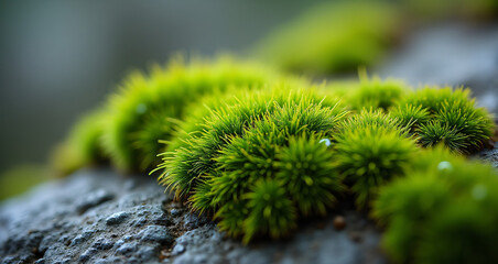 Macro Shot of Bright Green Moss and a Water Droplet on Rocky Surface