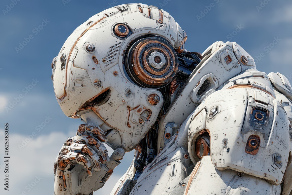 Poster robot in deep thought with hand on chin looks off into the distance, advanced artificial intelligenc
