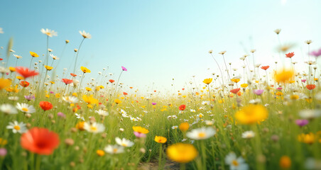 Vibrant Wildflower Meadow Under a Clear Blue Sky in Bright Sunshine