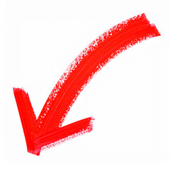 A bold red arrow painted with a thick brush curves downward to the left, symbolizing decline, warning, or redirection.