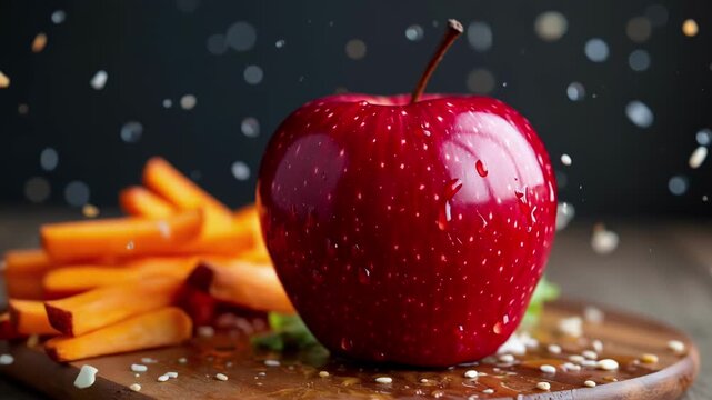A cinematic close-up of a juicy burger with fries on a wooden board as a shiny red apple drops like a bomb, causing a powerful explosion that clears the board completely, leaving only the apple.