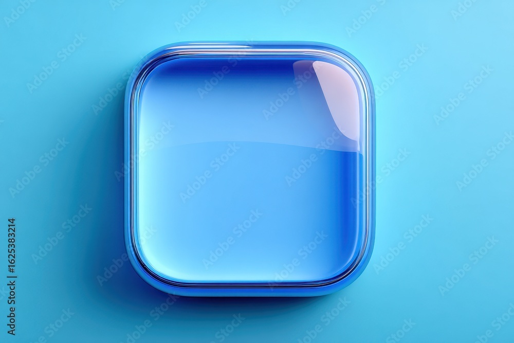 Poster blue square button graphic with rounded corners, isolated on white background, shiny 3d render eleme