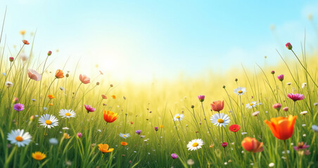 Vibrant Wildflower Meadow Under a Clear Blue Sky in Bright Sunshine