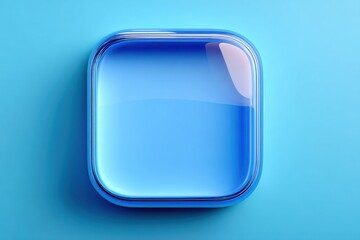 Blue square button graphic with rounded corners, isolated on white background, shiny 3d render element for app ui and web design