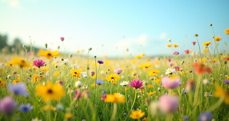 Vibrant Wildflower Meadow Under a Clear Blue Sky in Bright Sunshine