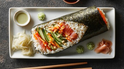 Artisan sushi burrito roll with premium tuna, fresh vegetables, sushi rice beautifully presented on elegant white serving plate, accompanied by soy sauce, ginger, wooden chopsticks