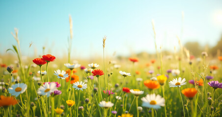 Vibrant Wildflower Meadow Under a Clear Blue Sky in Bright Sunshine