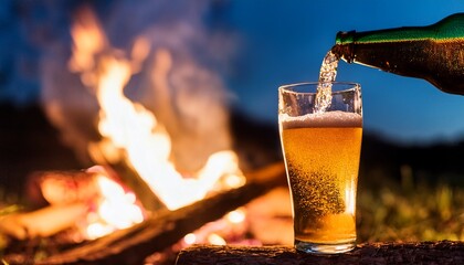 beer being poured into a glass by a campfire during a party
